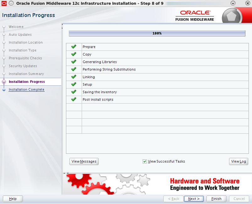 Install OBIEE Figure 2 10 Installation Complete - Click Finish Oracle Fusion Middleware Infrastructure 12c is now installed. 2.3 Install OBIEE Following are the steps to install OBIEE 12c: 1.
