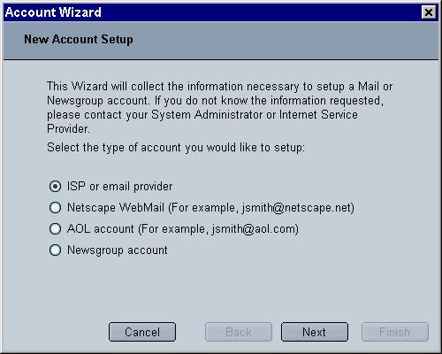Configuring Desktop Messaging Standard 2.0 To define your CallPilot mailbox settings 1 Open Netscape Mail & Newsgroups. 2 Choose File>New>Account. The Account Wizard appears.