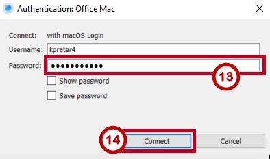 13. The Authentication window appears for the selected computer with your NetID populated.