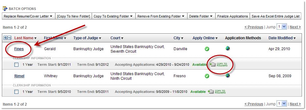 Search Results Sub-Tab Click on a judge s last name to view judge and clerkship details.