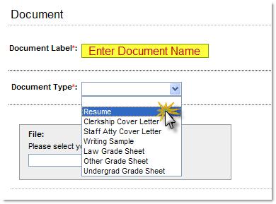 4. OSCAR will display the Document Details tab, where you can upload or create new application documents, including resumes, cover letters (judge or staff attorney), writing samples, and grade sheets