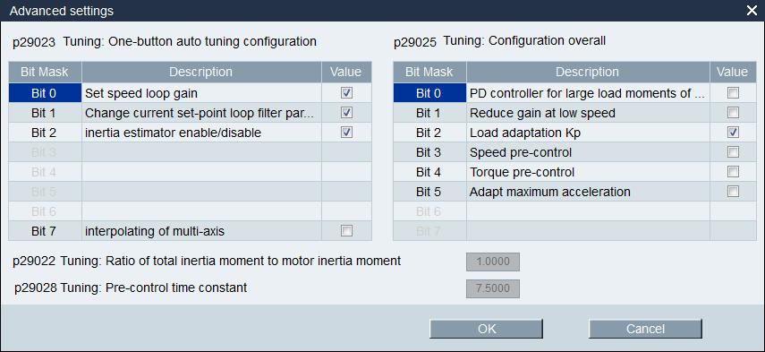 4. Set the parameters in the window below: Note: You can set the ratio of machine load moment of inertia (p29022) with the following methods: Enter it manually if you have known the ratio of machine