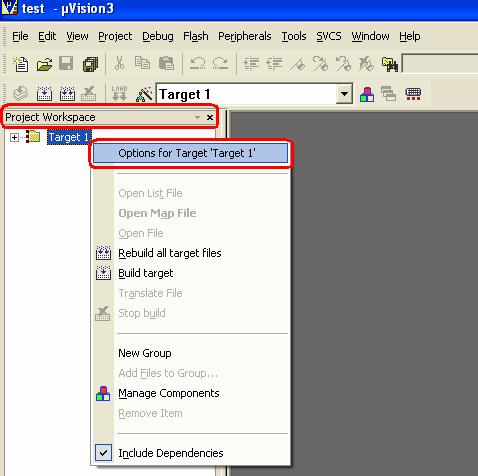 In the Project Workspace right click on Target 1 and select