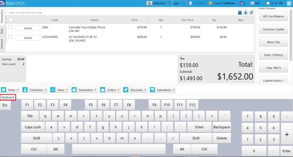 Keyboard RMH enables you to use an actual physical keyboard or the onscreen keyboard. To display the onscreen keyboard, click the Keyboard arrow at the bottom left corner of the transaction screen.