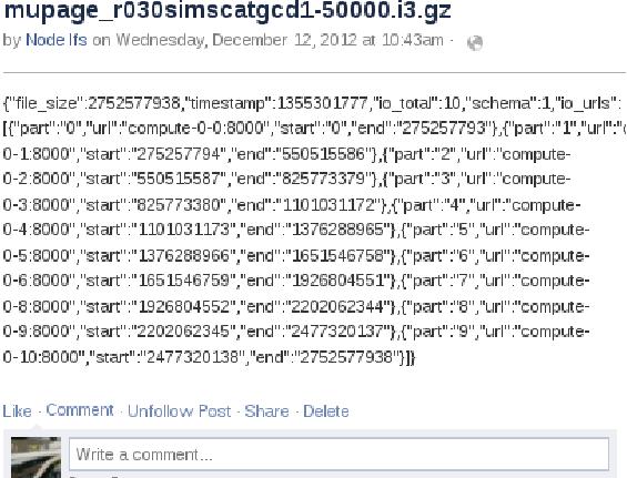 Figure 2. IKAROS meta-data, JSON, object as a Facebook note our profile.