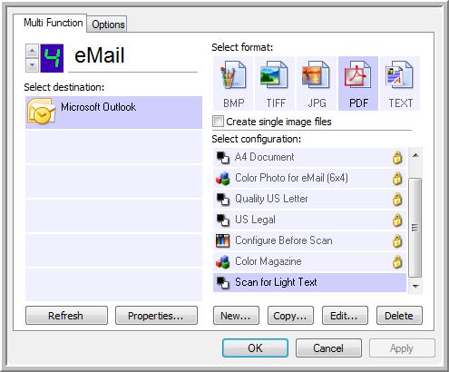 Scanning From One Touch DocuMate 742 Editing or Deleting Scan Configurations Editing and deleting is normally for the configurations you create, not for your scanner s pre-set configurations.