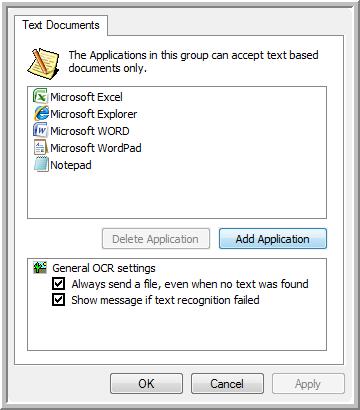Scanning From One Touch DocuMate 742 Text Documents Properties These properties apply to Microsoft Word, Microsoft Excel, and the other applications indicated by their icons in the list.