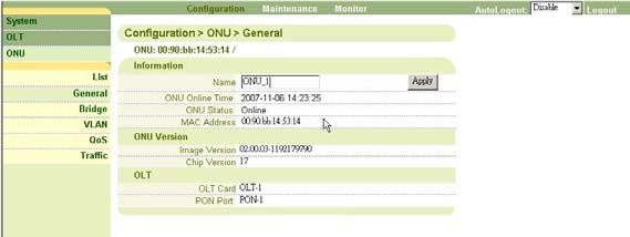 Chapter 3 ONU Configuration 3.2 General This submenu shows the information of selected ONU.