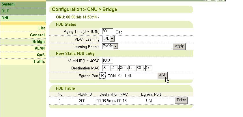 Chapter 3 ONU Configuration 3.3 Bridge The bridge function is the same as OLT. Administrator can manually add one static MAC entry with one VLAN ID to a specified port.