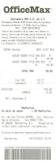 Receipt #8: Charge (in Mexican pesos) for 100 white plain CD Envelopes that we had to use before the designed and printed CD Envelopes were