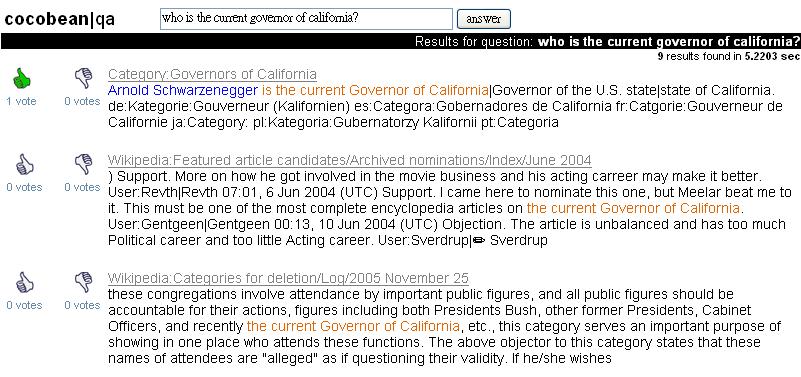 Figure 7: Answer highlighting: the answer Arnold Schwarzenegger is highlighted in the returned snippets.