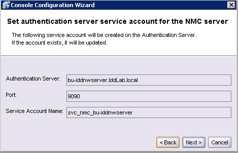 The following figure shows the Set authentication server service account for the NMC server page.