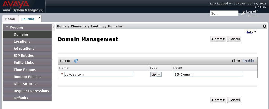 6.2. Administer SIP Domain Add the SIP domain for which the communications infrastructure will be authoritative. Select Domains on the left and click the New button (not shown) on the right.