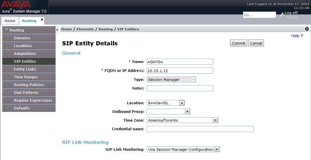 6.4. Administer SIP Entity A SIP Entity must be added for Session Manager and for each SIP telephony system connected to it, which includes Communication Manager and Convergys Voice Portal.