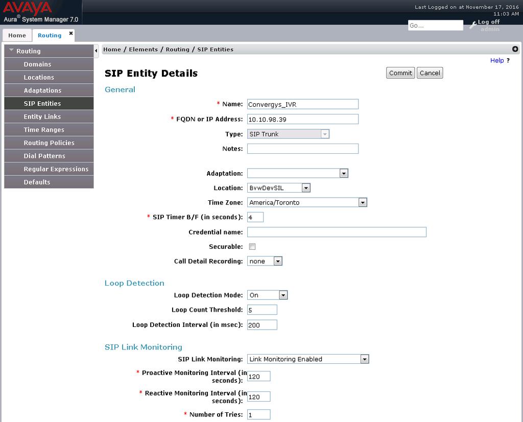 The following screen shows the addition of the SIP Entity for the Convergys Voice Portal. The FQDN or IP Address field is set to the IP address of the Convergys Voice Portal. Select Type as SIP Trunk.
