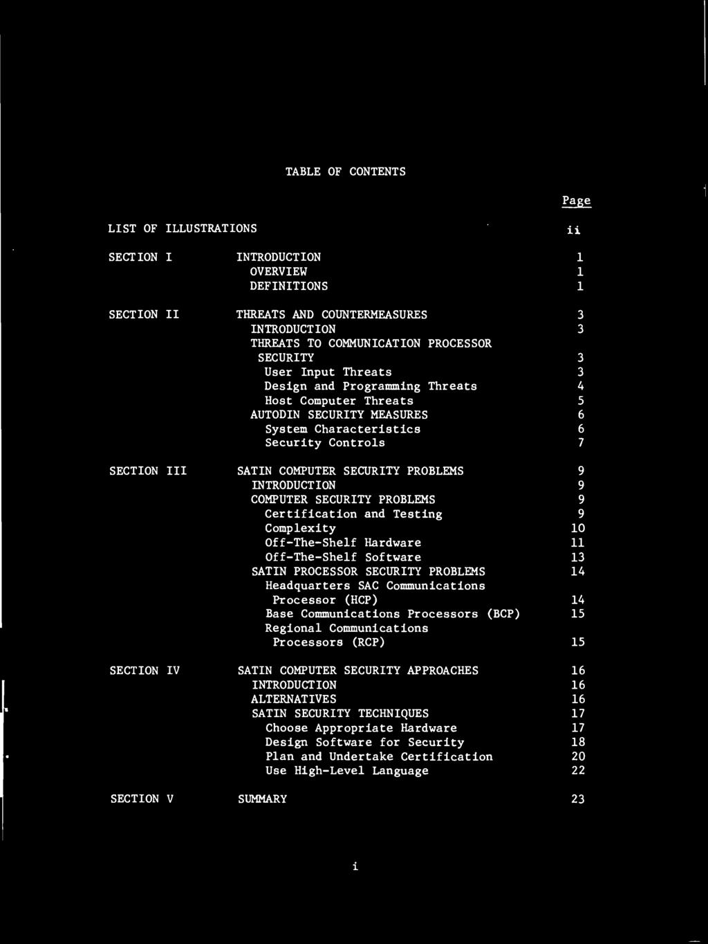TABLE OF CONTENTS Page LIST OF ILLUSTRATIONS ii SECTION I SECTION II SECTION III SECTION IV INTRODUCTION OVERVIEW DEFINITIONS THREATS AND COUNTERMEASURES INTRODUCTION THREATS TO COMMUNICATION