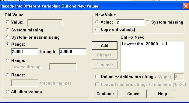 Recode into New Variable For each value of the existing variable Enter the