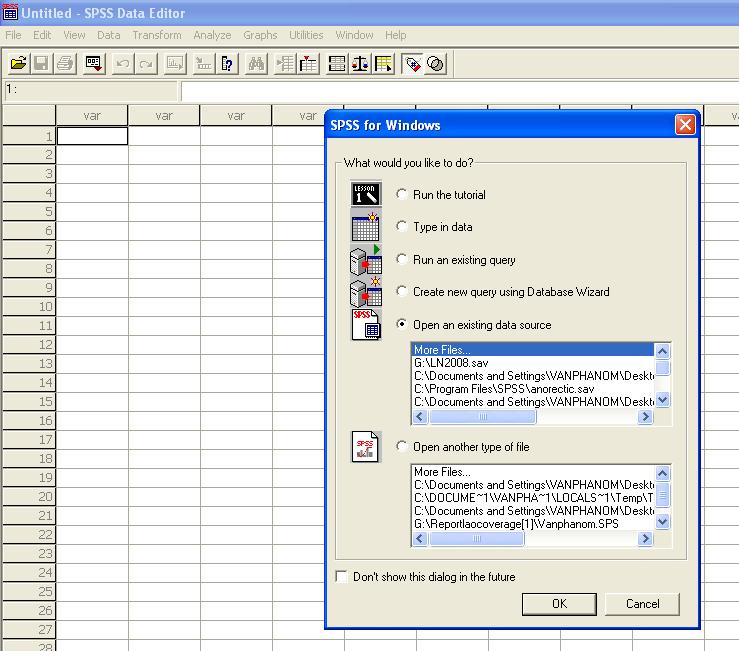 Starting SPSS for Windows Launch SPSS either by double-clicking the SPSS icon on the desktop, or