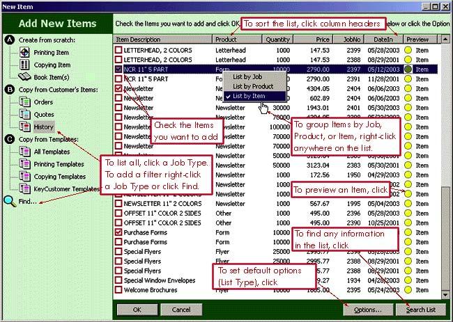 Addendum to User s Guide 2003.51 5 New Items Window To open this window, click the [New Item ] button in the Job window.