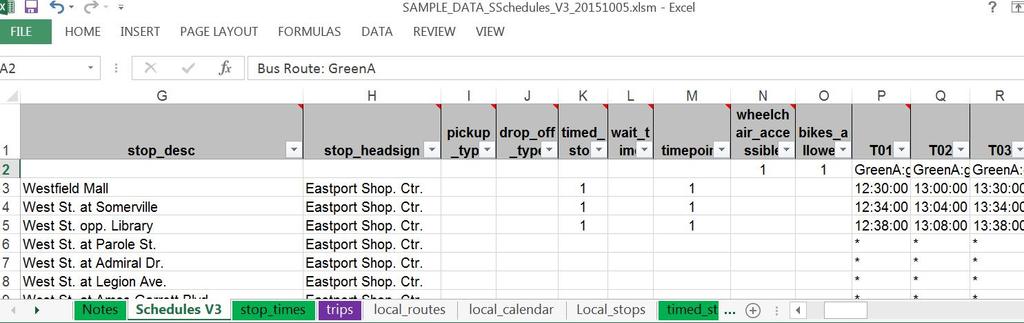 ADDING THE (New) SHAPE_ID INTO SCHEDULES WORKBOOK Open Schedules Worksheet. Go to schedules (V2 or V3) tab Go to the line at the top of the first route that show Bus Route:Name.