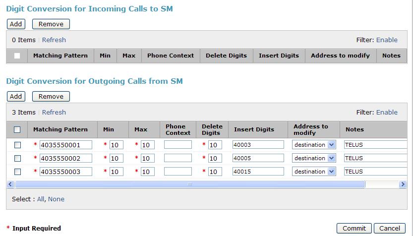 To map inbound DID numbers from TELUS to Communication Manager extensions, scroll down to the Digit Conversion for Outgoing Calls from SM section. Create an entry for each DID to be mapped.