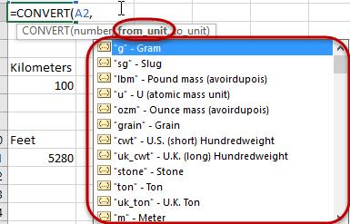 4. When the from_unit portion of the argument is selected, Excel will populate a list of unit codes.