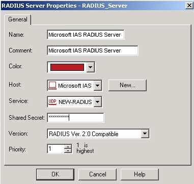 Define your RADIUS Server Properties: a) Name b) Comment c) Color d) Host (this should be the Host Node you defined in the previous section) e) Service (NEW-RADIUS should be selected) f)