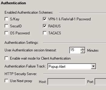 3. Under General Properties, select Authentication then verify the boxes to the left of VPN-1 & FireWall-1 Password and RADIUS are checked.