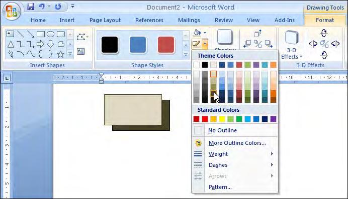 Drawing Tools 10 2 Select the front rectangle and click on the SHAPE OUTLINE icon in the FORMAT tab of the RIBBON.