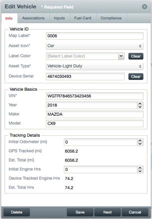 2. The Edit Vehicle window allows revision of all vehicle information; Info, Associations, Inputs.