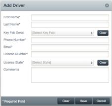 3. This opens the Add Driver window. 4. Fill out the required fields, marked with a * 5. Fill out the remaining fields (optional). 6. Click Save. 7. Click Clear to reset the form and start again.