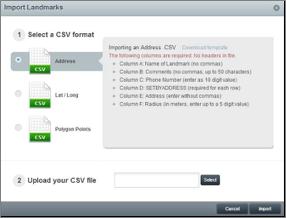 3. This opens the Import Landmarks window. 4. Select a CSV Format. 5. Follow the formatting guidelines displayed in the window. 6. Select the CSV file using the Select button under step 2. 7.