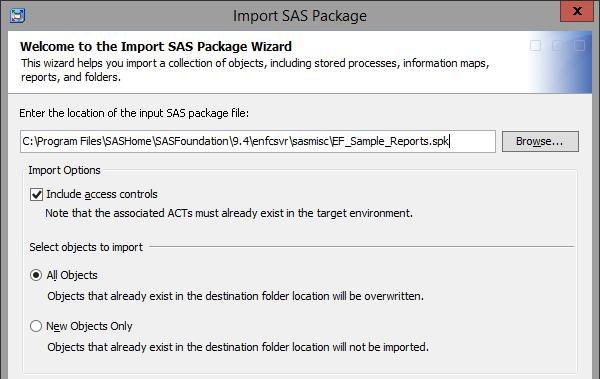 Right click the mouse on SAS Energy Forecasting folder and select Import SAS Package 3. At the Import SAS Package screen a.