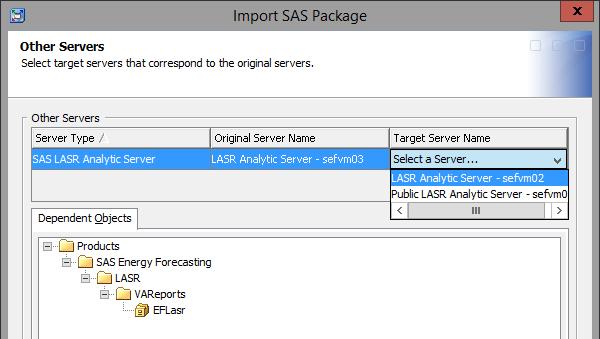7. At the Other Servers screen click on the down arrow under Target Server Name and select LASR Analytic Server.