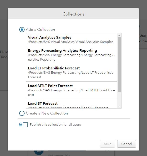 3. At the Collections screen, start selecting the items to be displayed on the reconfigured home page. a. Select Energy Forecasting Analytics Reporting and click Save b.