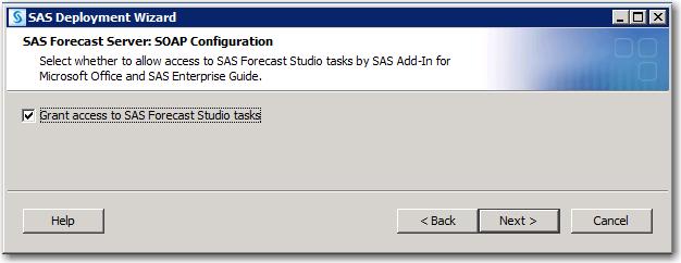 In the SAS Forecast Server: SOAP Configuration step, select Grant access to SAS