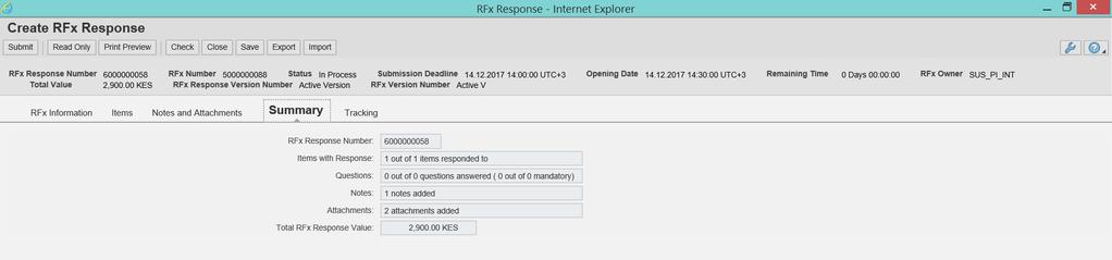 THE RFx RESPONSE Under Summary tab you are able to see your