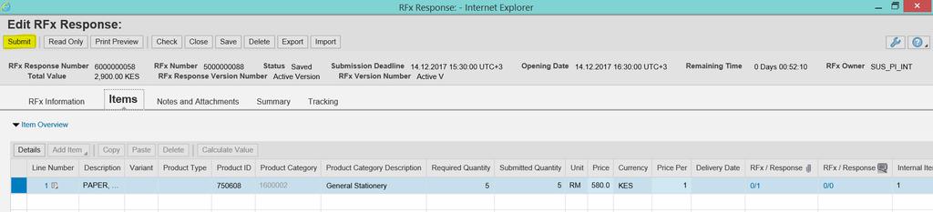 attachments, Total RFx Response value Click on the Check