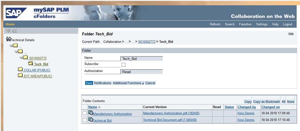 cfolder Screen S_ID>>Tech_Bid Private Folder Bidders upload private Tech Bid documents (PDF format) EXT AREA (Public) External Area/Public folder