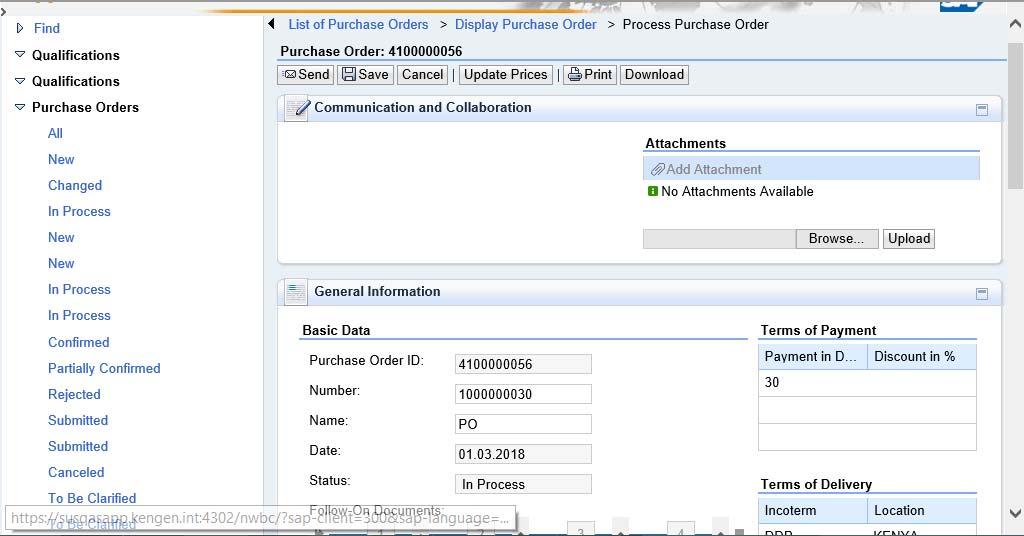 Process Purchase Order Screen Click Send