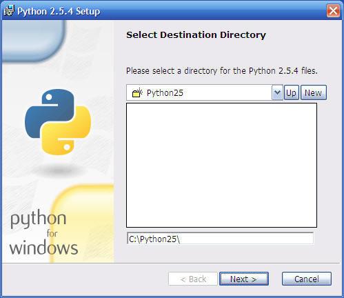 23. The screen will display a Python 2.5.4 Setup Select Destination Directory window as shown: 24.