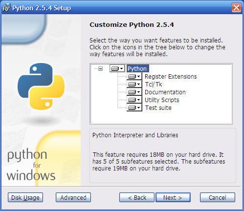 25. The screen will display a Python 2.5.4 Setup Customize Python window as shown: 26.