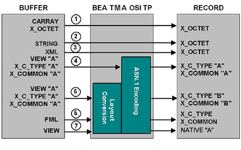 Mapping Buffers to Records Figure 2-5 Buffer to Record Mappings Following are explanations about the mapping possibilities shown in the figure above and some suggestions for setting the INRECTYPE