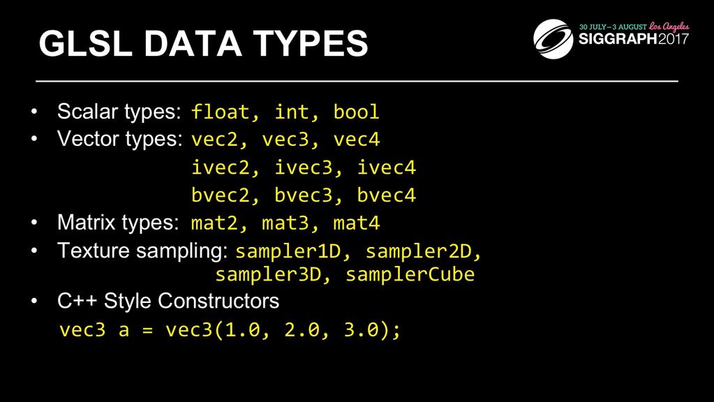 As with any programming language, GLSL has types for variables.