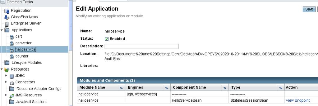 http://localhost:4848/ 2. In the left pane of the Administration Console, select the Applications node. 3. In the Applications table, click helloservice. 4.