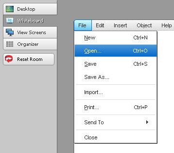 To create a new Whiteboard file Select File > New from the Whiteboard menu. Drawing Area Page Sorter You can access Whiteboard mode at any time by pressing Whiteboard on the toolbar.