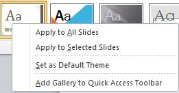 Applying a Theme to a Presentation To Apply a theme: On the Design tab, go to the Themes section, you wil see a gallery of default themes, to view All Themes gallery, click on the More button.