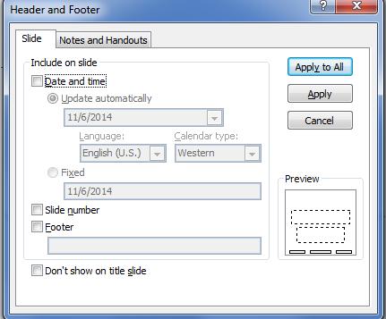 Adding a Header/Footer, Date, or Slide Number You can add a header/footer, date or slide number: On the Insert tab, in the Text goup, click on Header&footer button.
