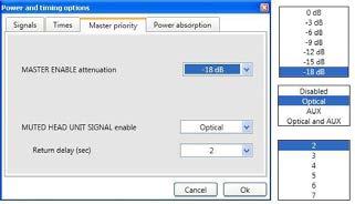 off or set to MUTE (volume 0). It is also possible to manage the activation delay of the OPTICAL/AUX inputs by selecting a value between -7 secs on the Return delay (sec) Window.