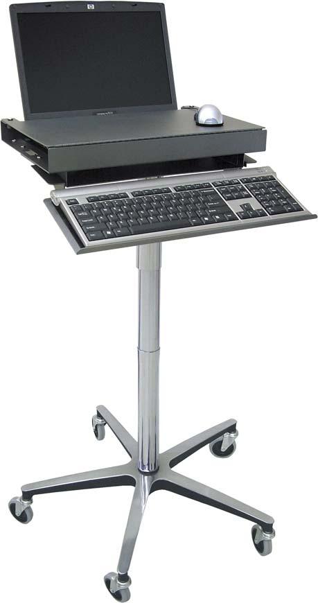 Security Laptop Stand #350306 Construction: Heavy-grade steel and aluminum Size: Adjusts from 35 to 45 height Dual locking work surface keeps laptop secure and provides a large work area Desk surface